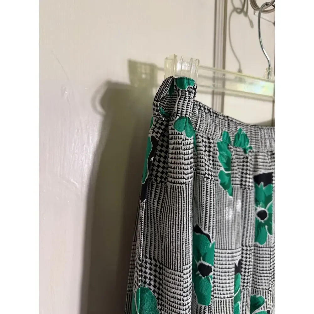 Vintage 80s Fink Modell 2 Piece Skirt Blouse Set Green Floral Plaid Size 40/L